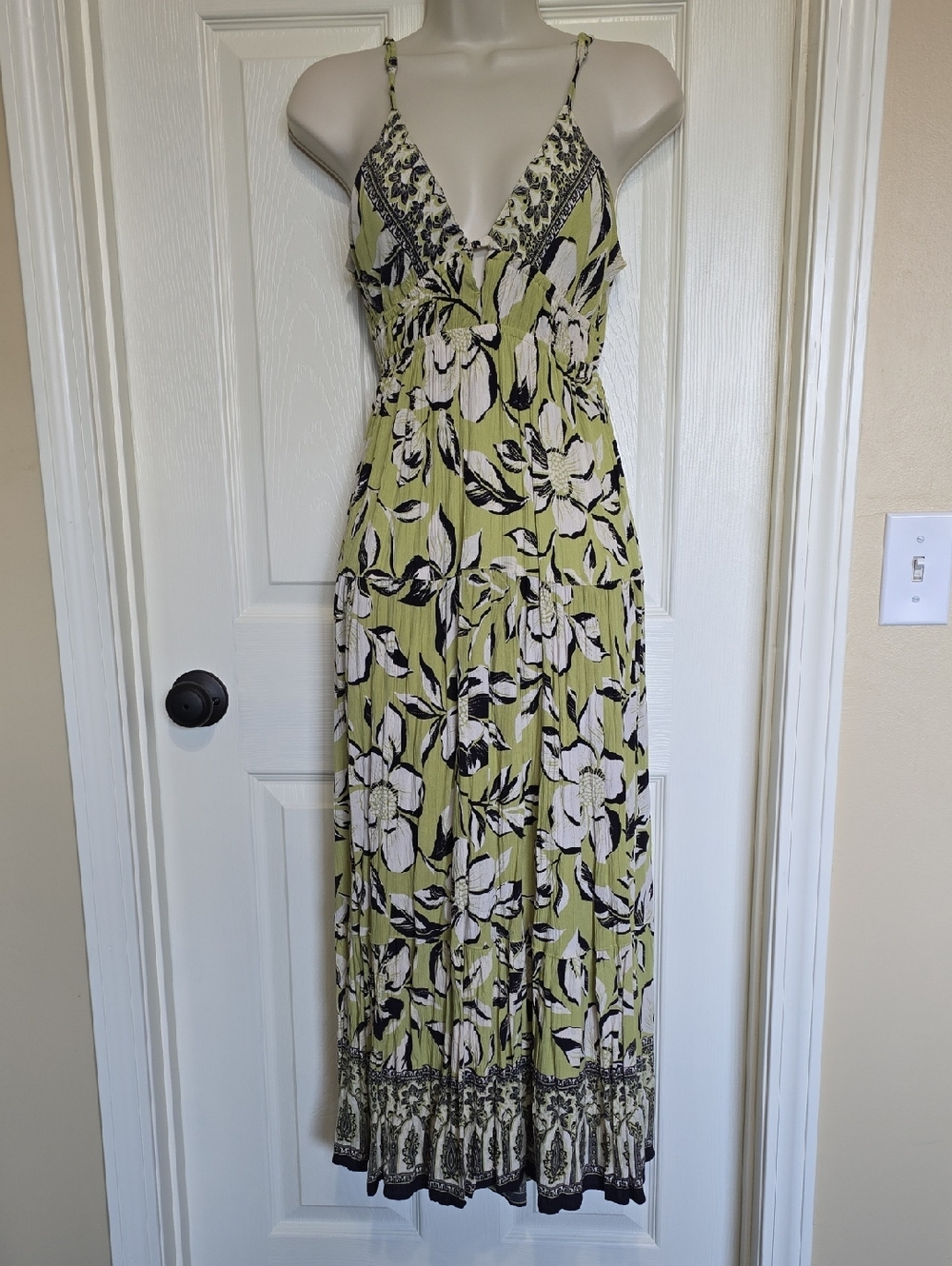 Angie Lime Green Floral Maxi Dress with Black and White Accents